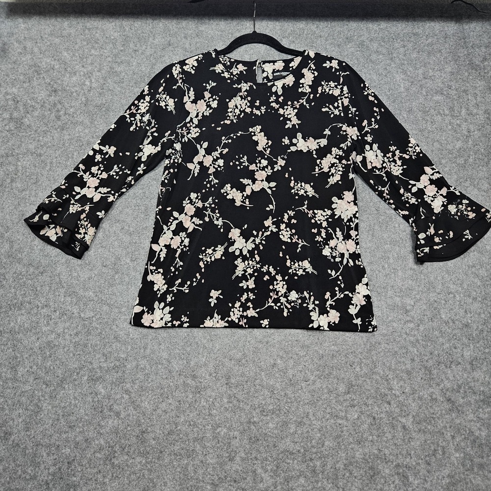 Karl Lagerfeld Tunic Top Sz‎ 2X Black Floral Bell 3/4 Sleeve Jersey Knit Ruffle